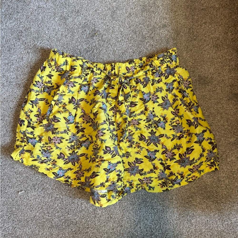 Anthropologie Yellow Floral High Tie Waist Shorts